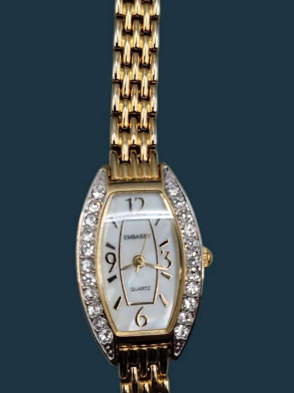 Vintage Embassy Gruen Crystal Tonneau Watch 20mm MOP Dial Stainless Gold Tone 7